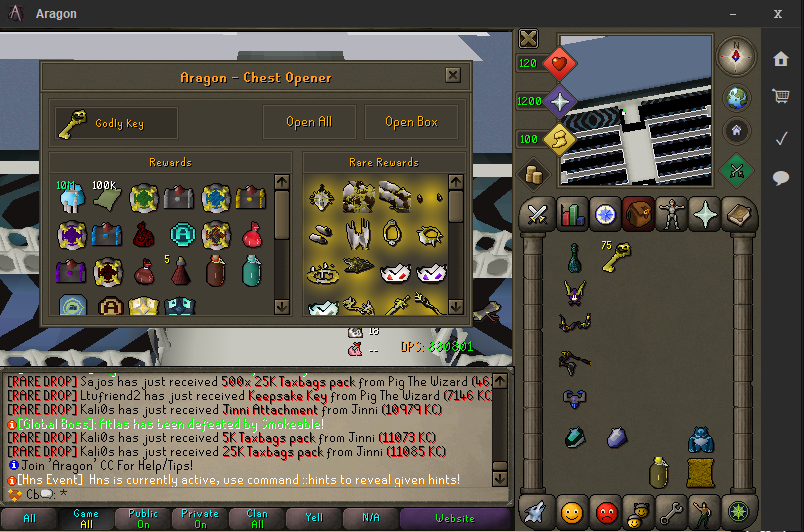 The Chest Opener interface with a Godly Key selected, showing the Rewards and Rare Rewards item grids inside a Godly Chest.
