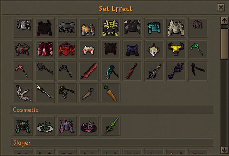 The Set Effect panel, listing equipped and owned armour and weapon pieces grouped by category, including a Cosmetic section.