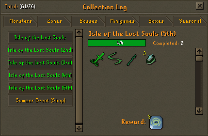 The Collection Log open to "Isle of the Lost Souls (5th)", showing a 4/4 progress bar and its reward icon.