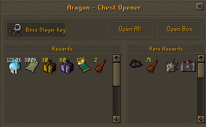 The Chest Opener with a Boss Slayer Key selected, showing its Rewards and Rare Rewards item grids.