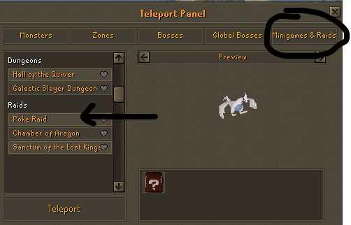 The Teleport Panel's Minigames & Raids tab, circled, with an arrow pointing at Poke Raid under Raids.