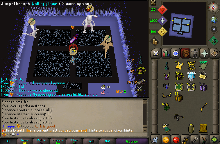 A Poke Raid instance in progress, a four-quadrant arena bounded by a wall of flame, with combat messages showing the instance was created and started successfully.